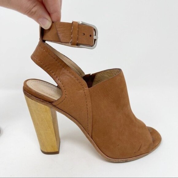 Pour La Victoire Suede Tan Brown 4" Wood Block Heel Peep Toe Mule Ankle Strap 6 - Picture 5 of 12